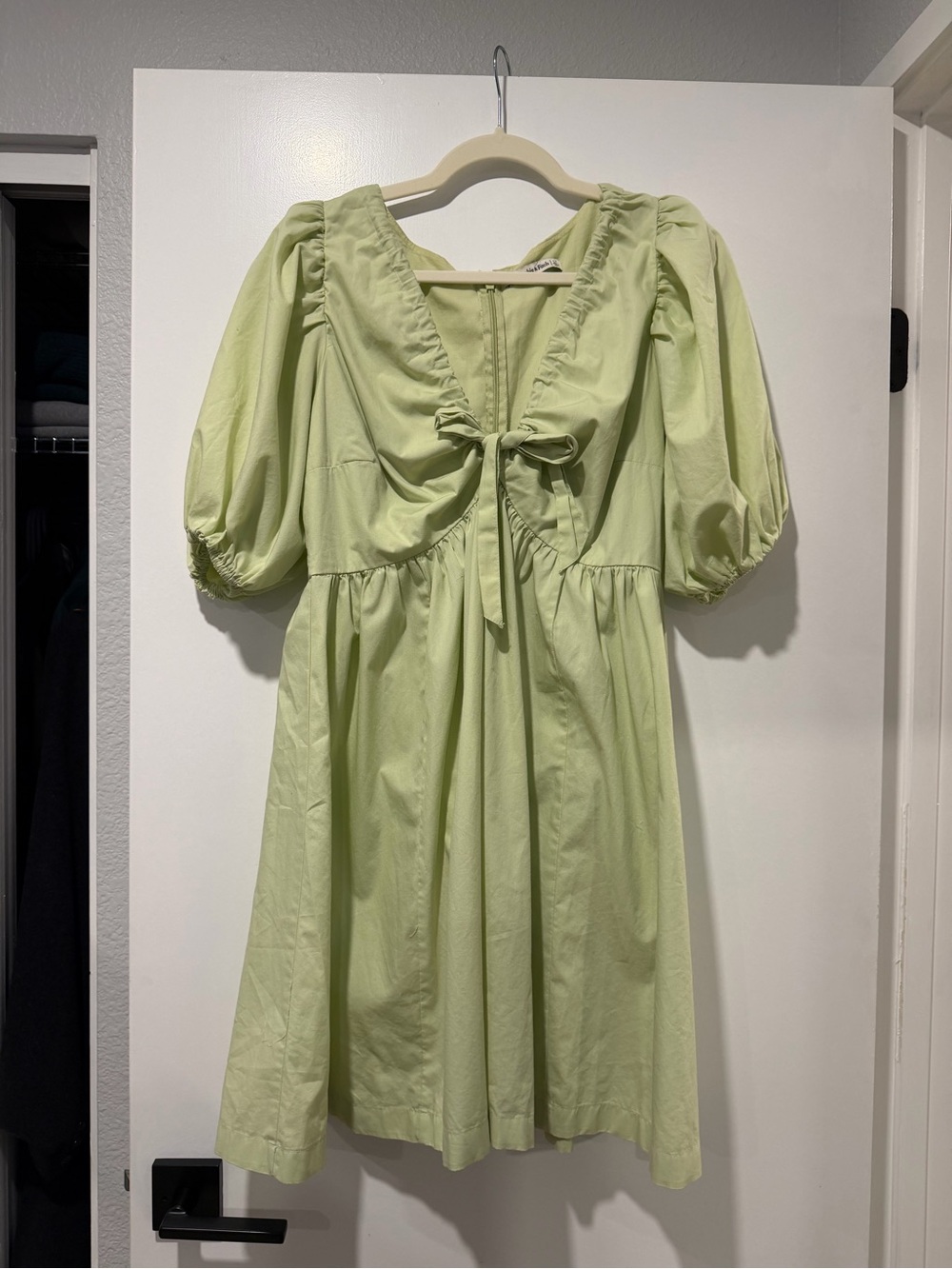 Abercrombie & Fitch Pastel Green Puff Sleeve Tie-Front Midi Dress